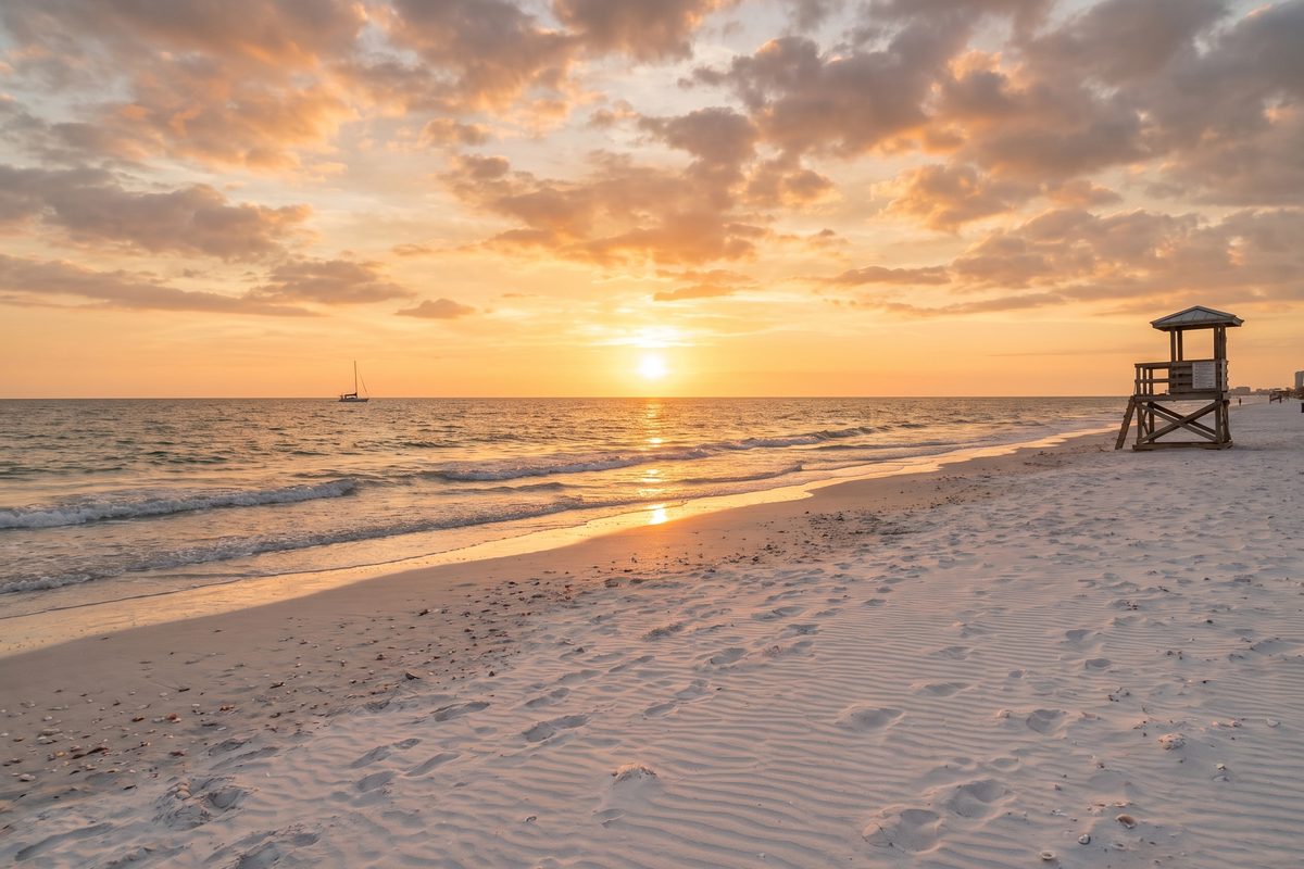 Sunset over the Gulf from the white sand of Clearwater Beach