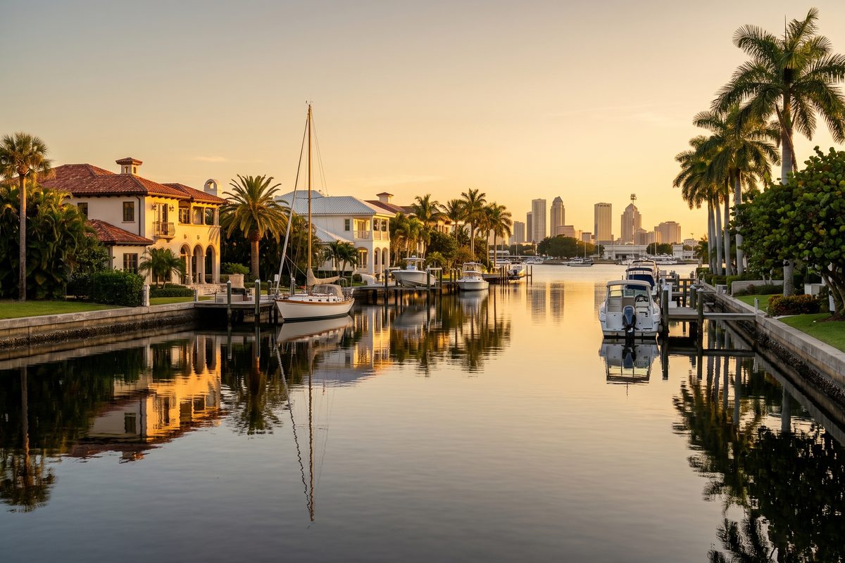 Canal-front homes and docks on Davis Islands with the Tampa skyline beyond