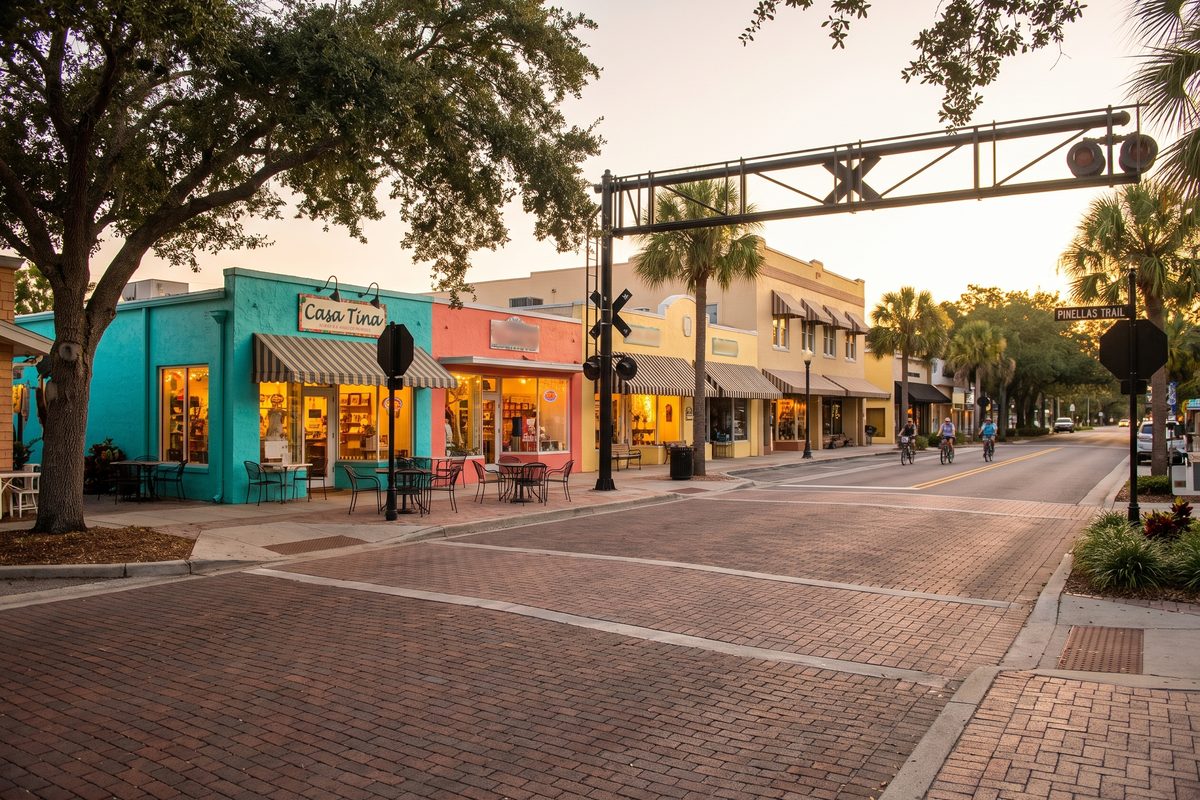 Main Street in downtown Dunedin where the Pinellas Trail crosses