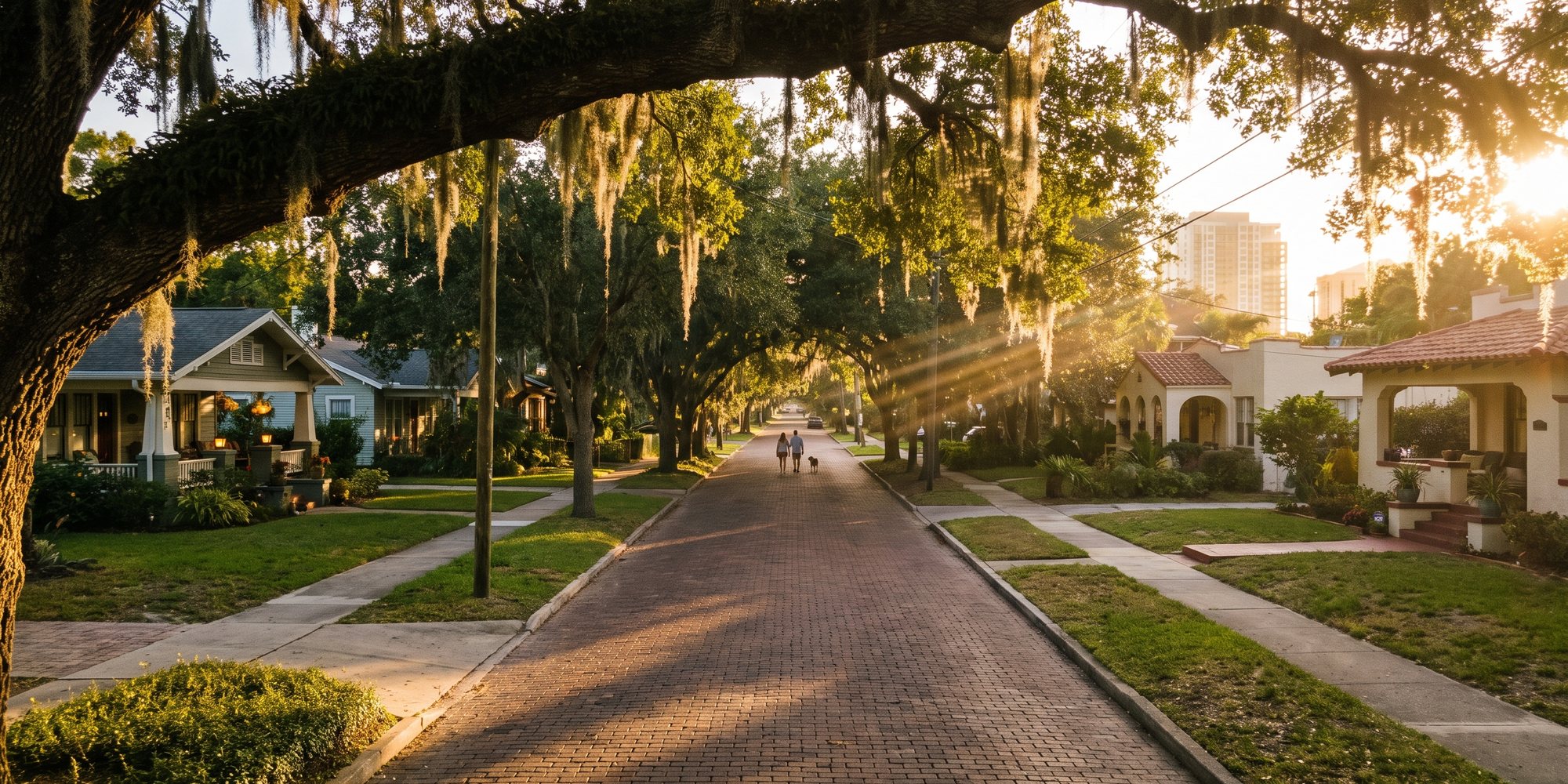 A brick street under a canopy of live oaks in Old Northeast, St. Petersburg, at golden hour