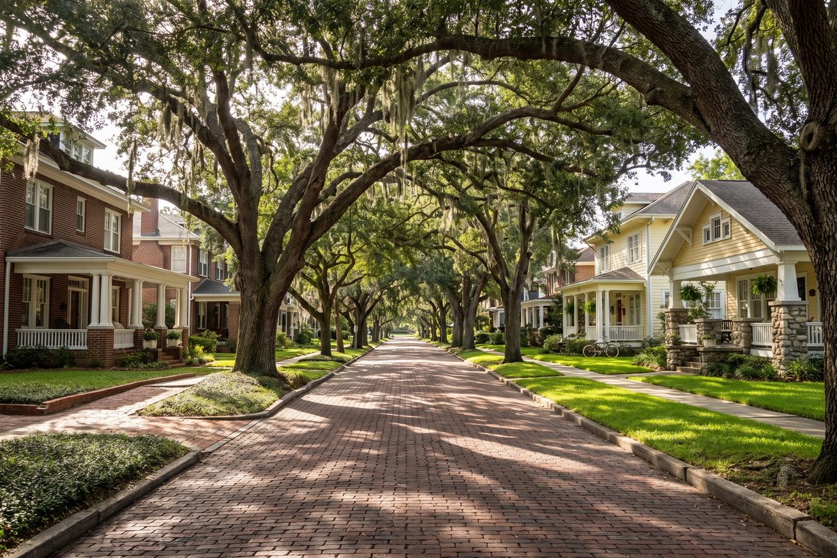 A brick street under live oaks lined with restored bungalows in Hyde Park, Tampa