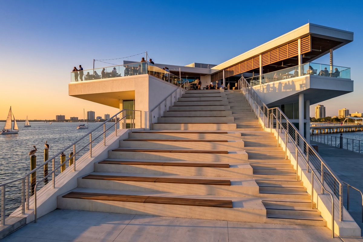 The grand stairs of the St. Pete Pier at golden hour