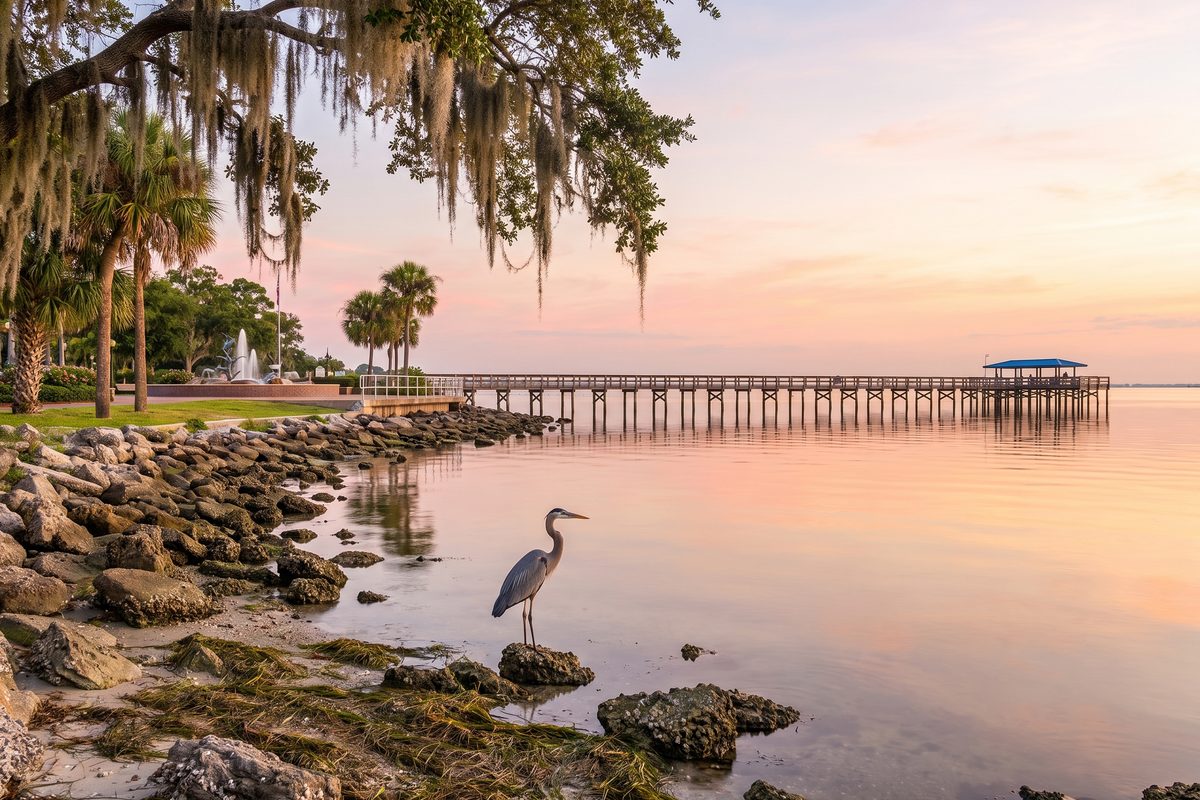 The Safety Harbor fishing pier on Old Tampa Bay at sunrise, a heron on the rocks