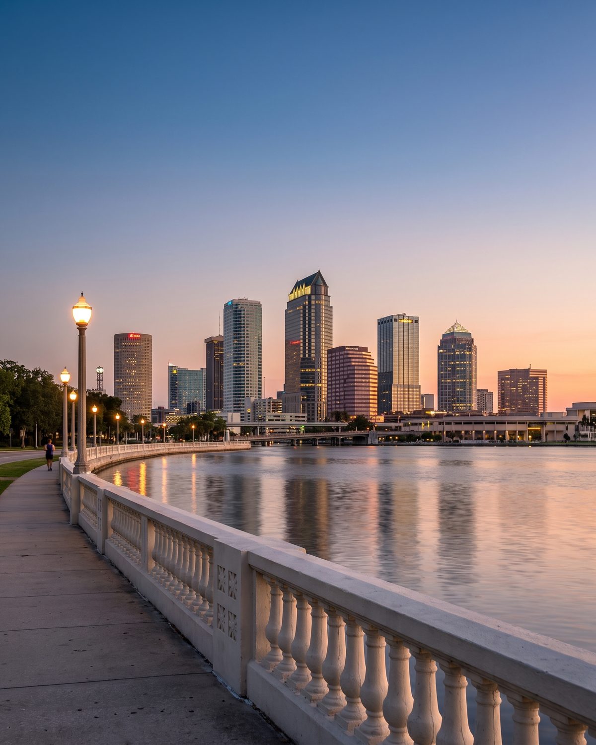 Downtown Tampa's skyline across Hillsborough Bay from the Bayshore Boulevard balustrade at dusk