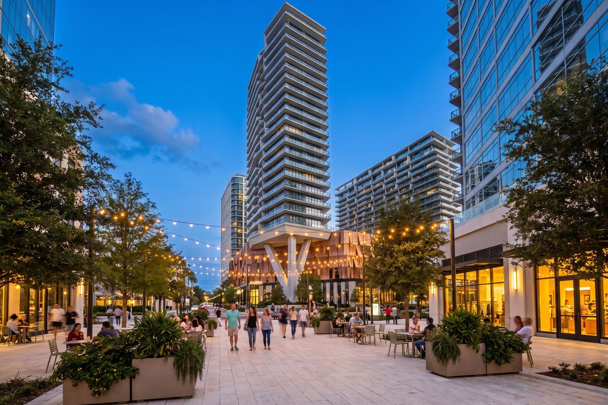 Water Street in Tampa at blue hour, string lights over cafe tables below the new towers