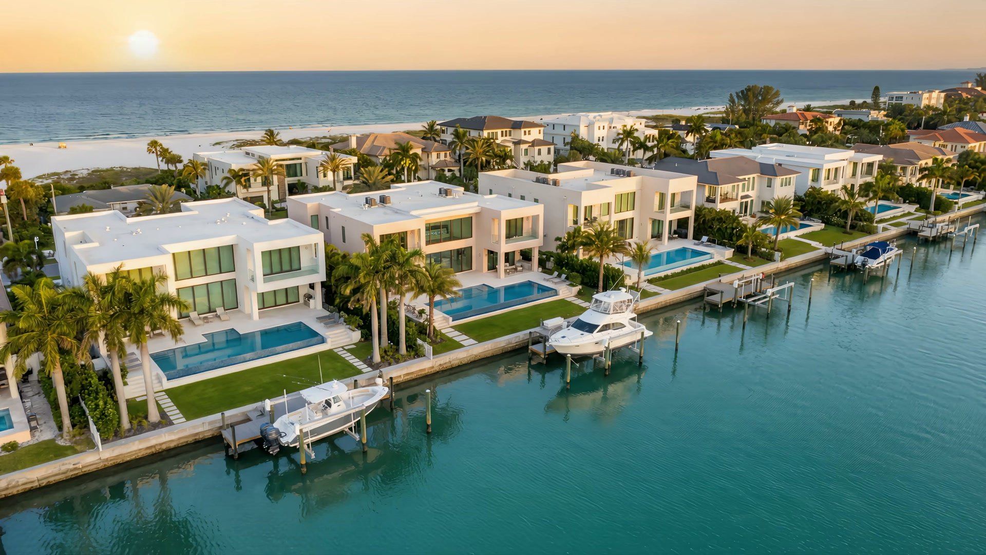 A low drone view gliding along the turquoise Intracoastal past a row of luxury waterfront homes on Clearwater Beach, docks and pools in the foreground, the Gulf beyond